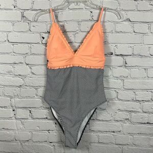 Beachsissi One-Piece Swimsuit Peach Ruffled Black & White Stripes S (4-6) NWT